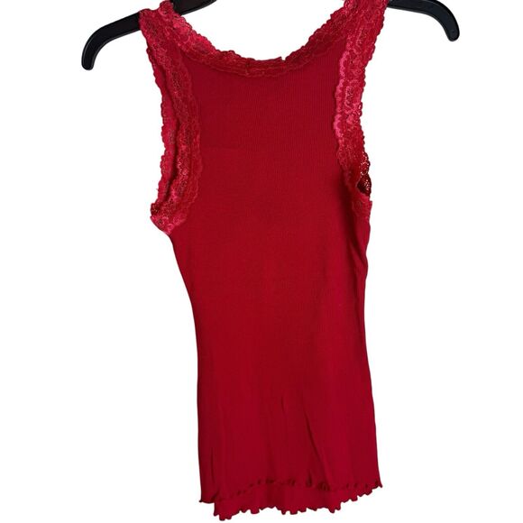 French Laundry Lace Trim Tank Top Size S Red Ribbed V Neck Fitted Y2K Lettuce Tr - Picture 3 of 8